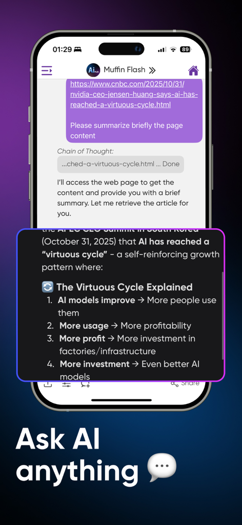AI Hub: 50+ Open Source LLM - AI Hub mobile app interface summarizing a web page content using advanced AI models.