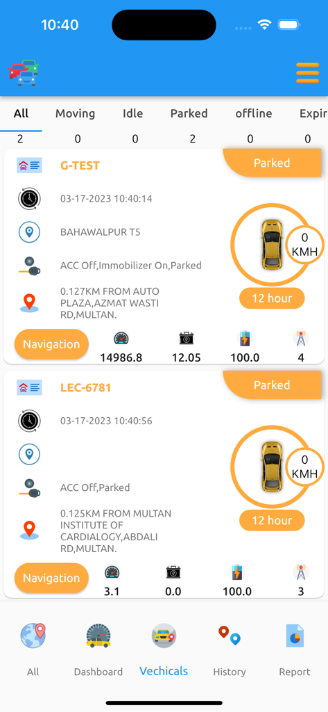 U Track Pro mobile app showing a dashboard list of tracked vehicles with location and status information