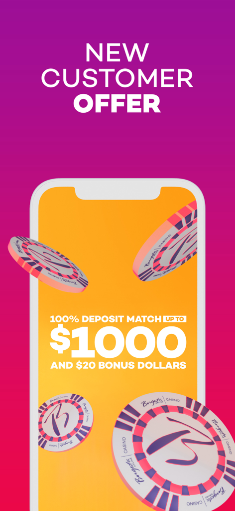 Borgata Casino new customer offer advertisement showing a 100% deposit match up to $1,000 and $20 bonus dollars.
