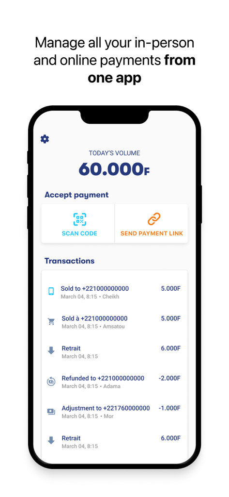 Dashboard dell'app Wave Business che mostra le opzioni di pagamento e la cronologia delle transazioni