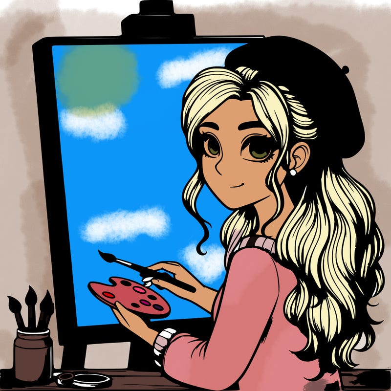 realistic girl artist painting a blank canvas