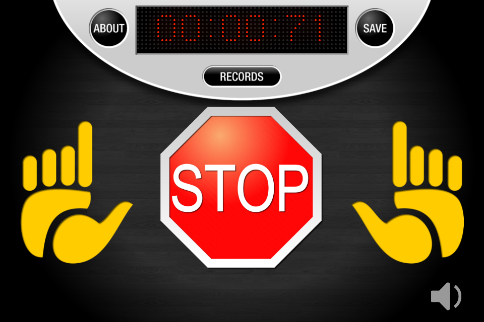 Speed Stacks Timer HD - Speed Stacks Timer HDアプリのインターフェース。デジタル時計と開始および停止用のデュアルハンドタッチアイコンが表示されています