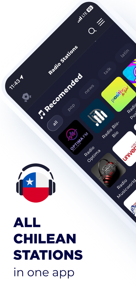 Radio Chile Live FM AM Online - Interface of Radio Chile Live app showing recommended Chilean radio stations and categories