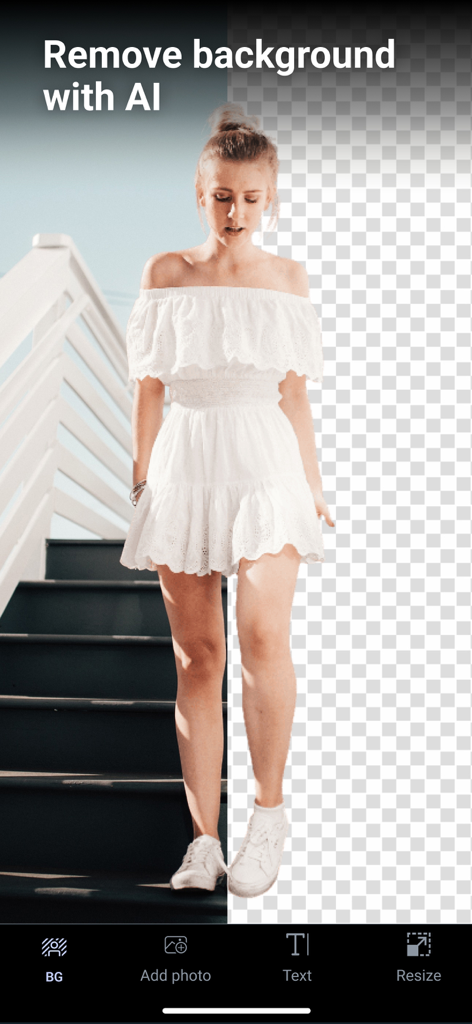 Remove background - snap edit - A split screen showing a woman with her original background and a transparent background created with AI