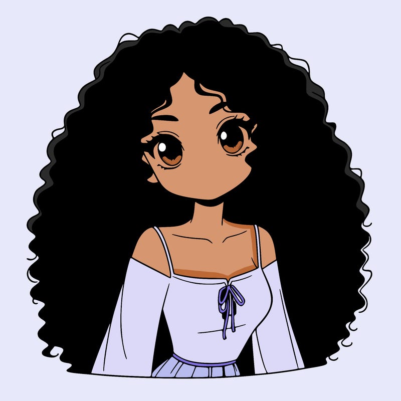 a black anime girl with long afro hair