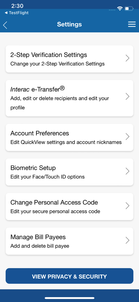 Your Credit Union Mobile App - Settings menu of the Your Credit Union mobile app showing options for security biometric setup and account preferences
