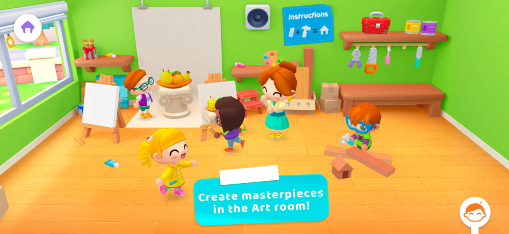 Niños y profesor pintando y trabajando la madera en la sala de arte