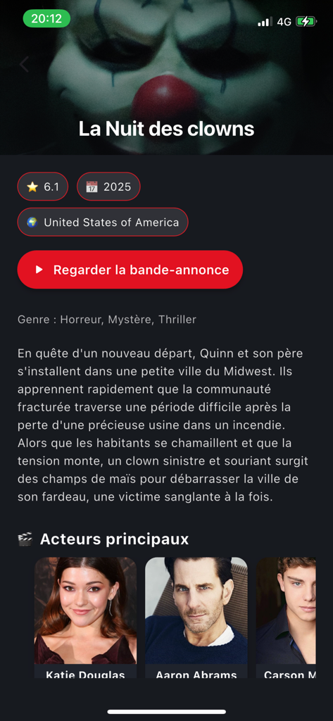 TV Shows & Movies - Página de detalles de la película en la aplicación CineMate para La Nuit des clowns con un botón de avance y perfiles de los actores principales
