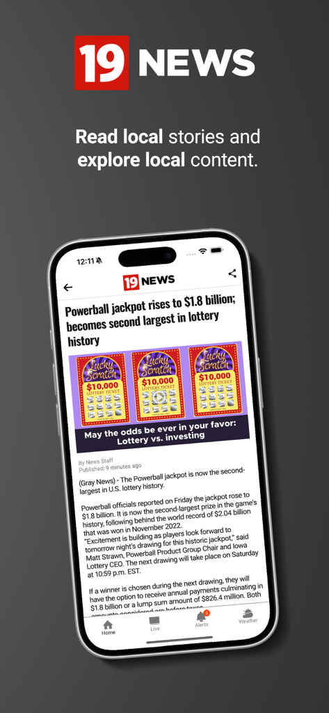 WOIO Cleveland 19 News - A smartphone screen displaying a news article about the Powerball jackpot on the WOIO Cleveland 19 News app.