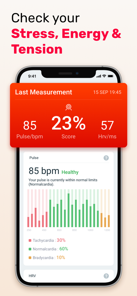 Smartphone screenshot of HeartMe app showing pulse measurement and heart rate variability score
