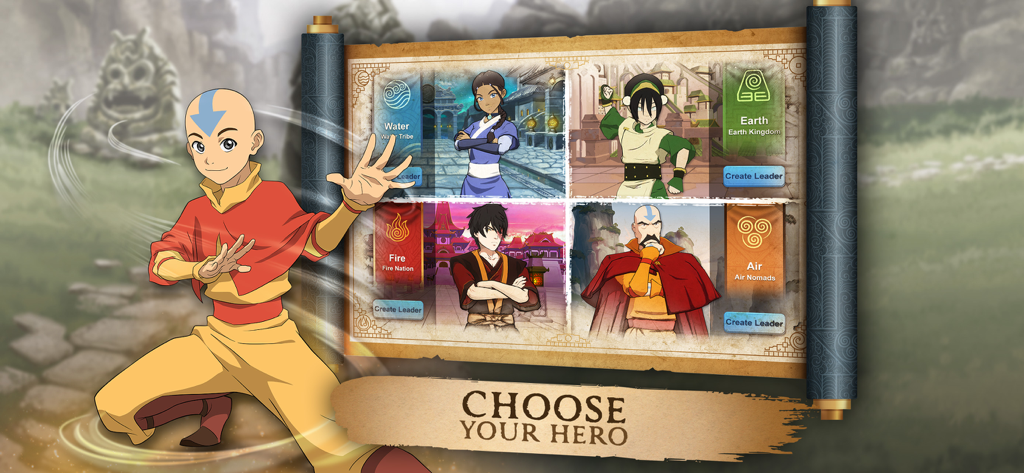 Écran de sélection de personnage dans le jeu Avatar Realms Collide avec Aang et des chefs des quatre nations