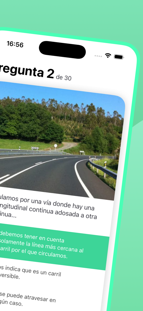 TEST DGT examen autoescuela - Spanish driving test practice question with road image and multiple choice options