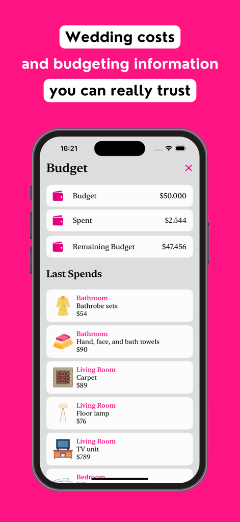 MeMarry: Wedding Planner - MeMarry app screen showing wedding budget summary and a list of recent spends for household items like carpets and lamps.