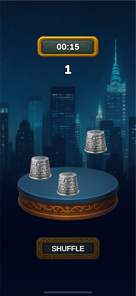 Cup Trick Hustle - Cup Trick Hustle game screen with three silver cups on a platform and a shuffle button