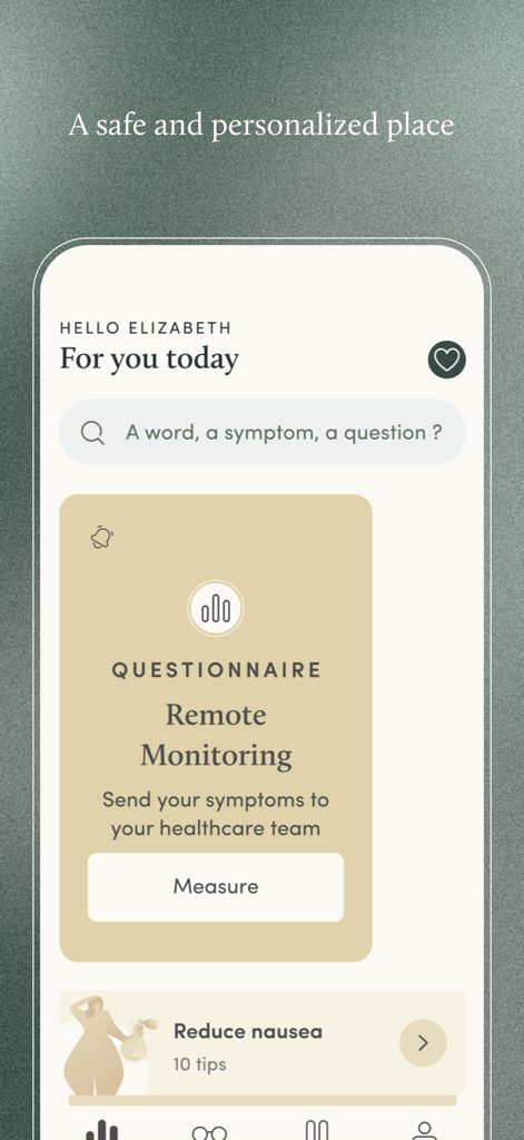 Interface de l'application Resilience Care montrant des conseils de santé personnalisés et des fonctionnalités de suivi des symptômes.