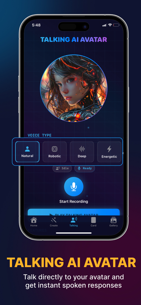 Ai Avatar Pro - Talking AI Avatar interface showing voice type selections like Natural Robotic Deep and Energetic