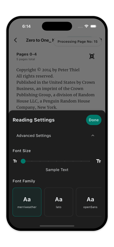 ReadFast: PDF & Book Summaries - ReadFast app interface showing reading settings for font size and font family selection in dark mode