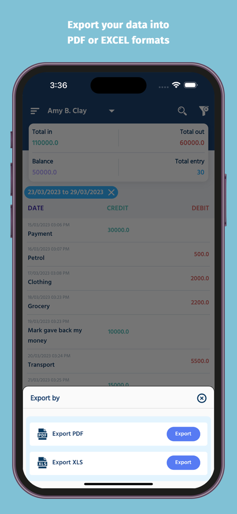 Tela do aplicativo Diário de Caixa Digital mostrando opções de exportação para relatórios financeiros em PDF e Excel.
