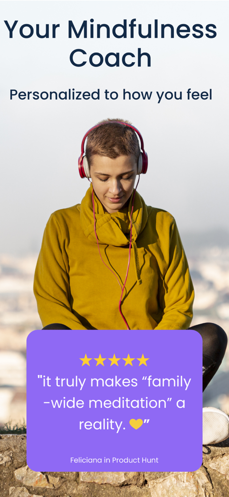 Begin: Meditation & Sleep - A woman meditating with headphones featuring a five-star review for family-wide meditation in the Begin app