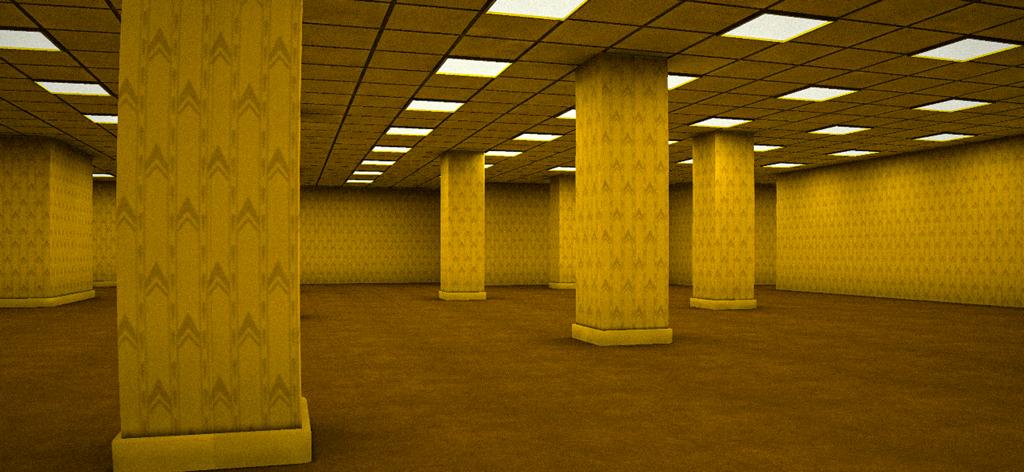 An endless yellow maze of corridors with fluorescent lights in the Backrooms 97 retro horror game.