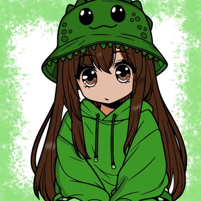 girl with anime shaped eyes with a dinosaur bucket hat oversized sweatshirt long straight hair