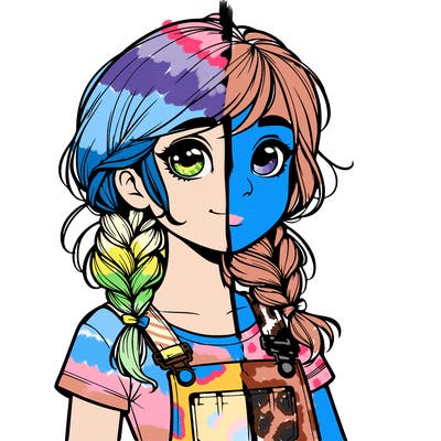 realistic girl wearing overalls and her hair is in braided piggy tails