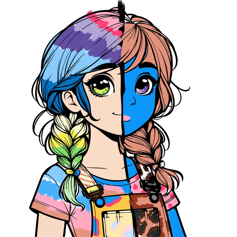 realistic girl wearing overalls and her hair is in braided piggy tails