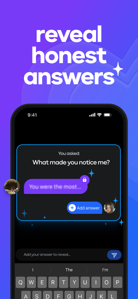Honest: Couples & Relationship - Messaging interface of the Honest app showing a relationship question and a locked answer to reveal between a couple.