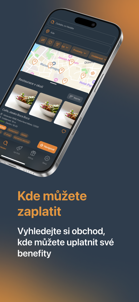 Interface do aplicativo Můj Up mostrando um mapa para localizar comerciantes e restaurantes parceiros para resgatar benefícios de funcionário.