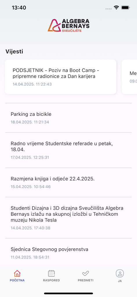 Infoeduka - Home screen of the Infoeduka mobile app showing university news and announcements for students