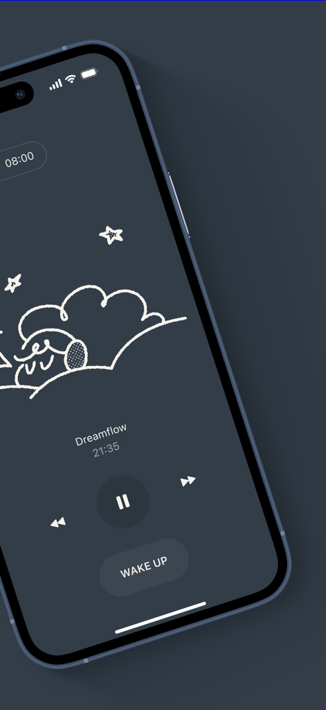 Sheeping: Sleep & App Block - Sheeping App Benutzeroberfläche zeigt den Schlafklang-Player mit einer schlafenden Schafzeichnung