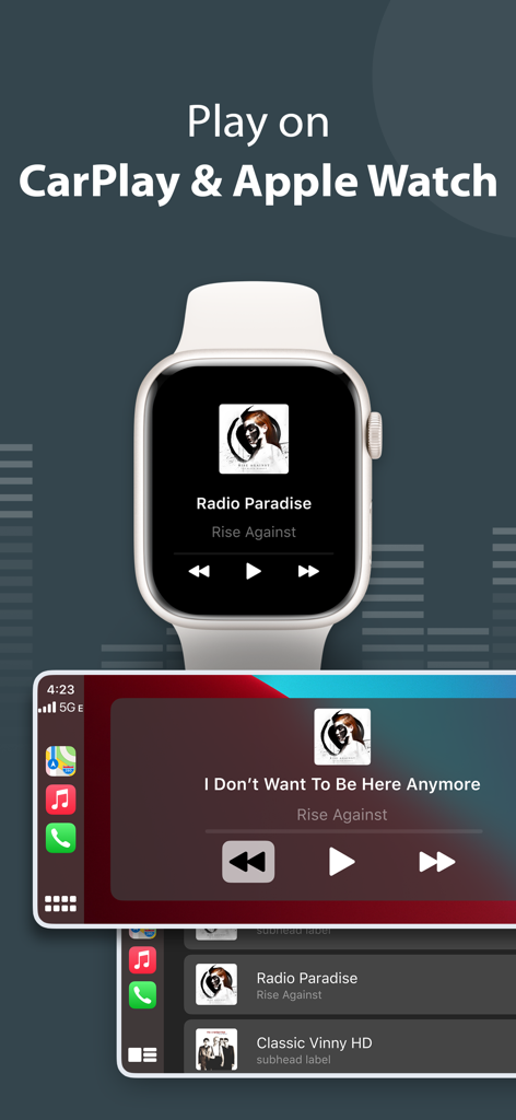 La aplicación Radio Tuner mostrando la reproducción de música en vivo en las interfaces de Apple Watch y Apple CarPlay.