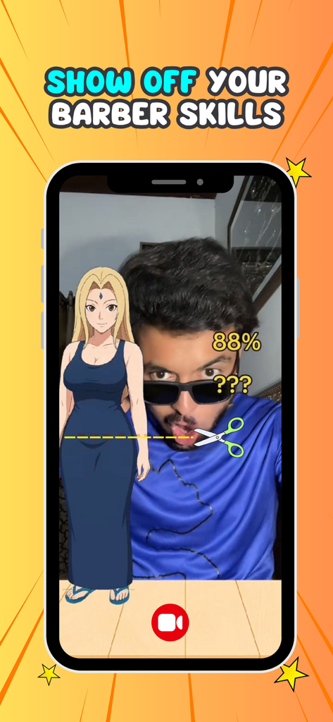 Filter Challenge: Master Cut - Captura de pantalla de un juego móvil que muestra un desafío de corte de filtro de precisión con el vestido de un personaje de anime y el texto "barber skills".