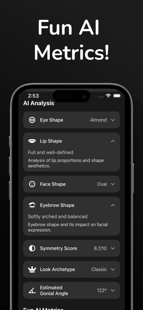 Facemetrics AI - Face Analysis - Facemetrics AIモバイルアプリのインターフェース。対称性スコア、顔の形、目の形などの詳細な顔分析指標を表示しています。