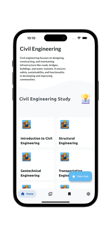 Civil Engineering Tutorials - Interfaz de la aplicación móvil Tutoriales de Ingeniería Civil mostrando varios módulos de estudio como Ingeniería Estructural y Geotécnica.