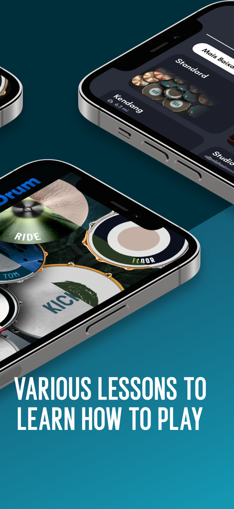 Interface of Real Drum app on two mobile phones showing virtual drum pads and a lesson selection menu