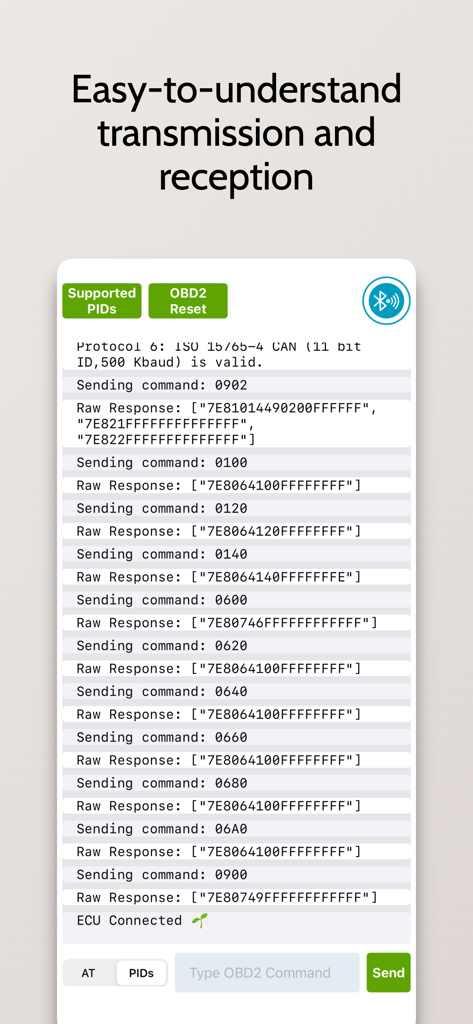 Mobile app interface showing raw OBDII terminal commands and ECU responses