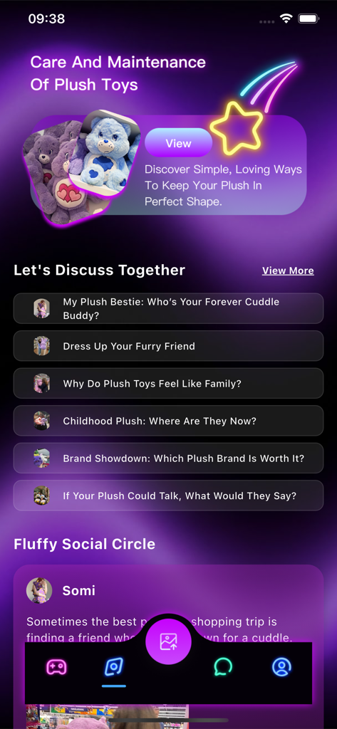 Trend - Discover, Share & Chat - The Trend app screen displaying plush toy care guides and community forum topics.