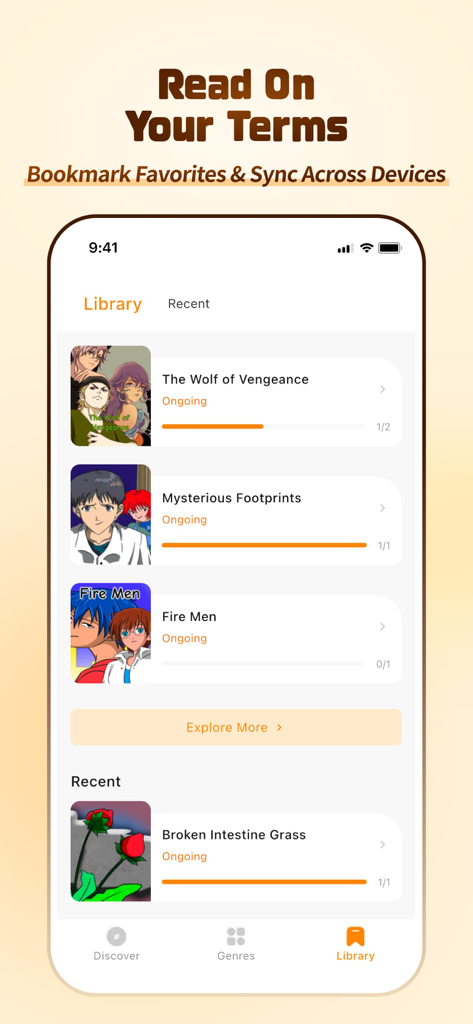 Bibliotheksbildschirm der QToon-App, der mit Lesezeichen versehene Manhwa-Titel und den Lesefortschritt anzeigt