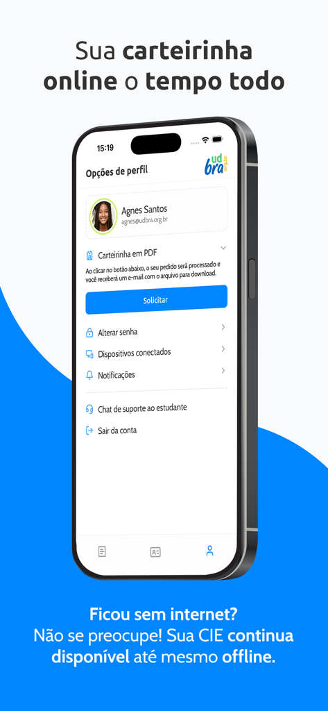 UDBRA | CIE Digital - Digital student ID profile screen showing offline access and PDF request features