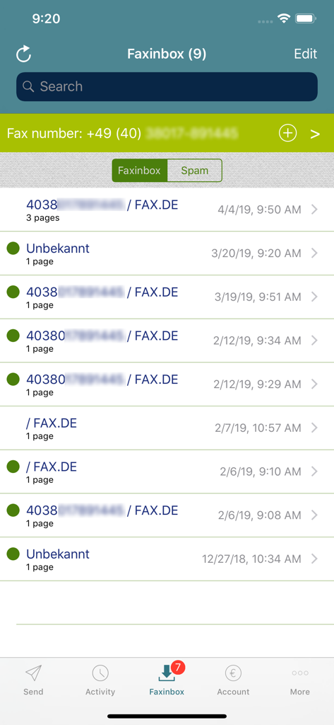 Interface do usuário do aplicativo PC-FAX Center mostrando uma lista de faxes recebidos na caixa de entrada.