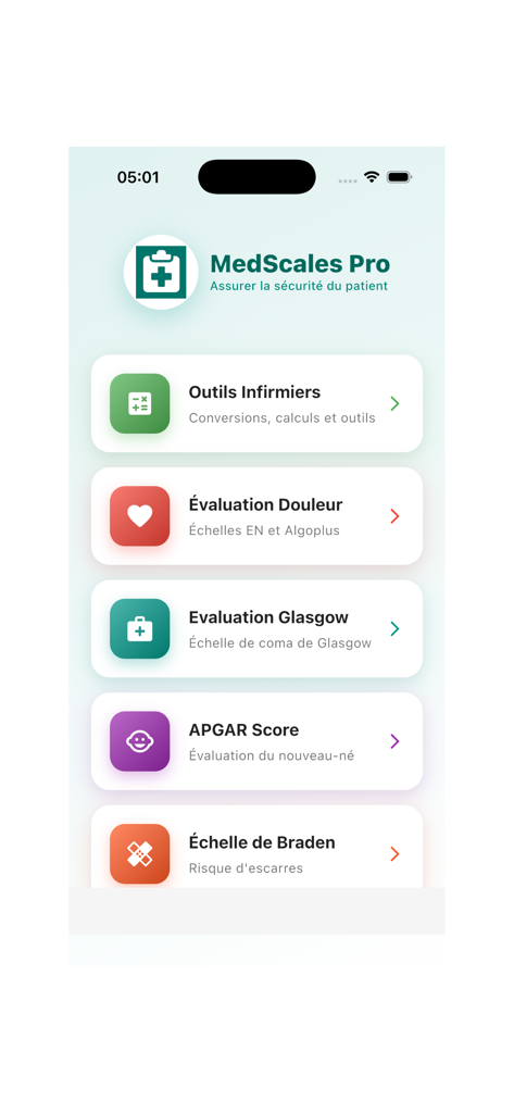 MedScales Pro - Interfaz principal de la aplicación MedScales Pro que muestra herramientas de evaluación médica para enfermería, evaluación del dolor, escala de Glasgow, escalas APGAR y Braden.