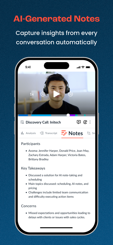 Avoma mobile app interface showing AI-generated meeting notes with key takeaways and concerns from a discovery call.
