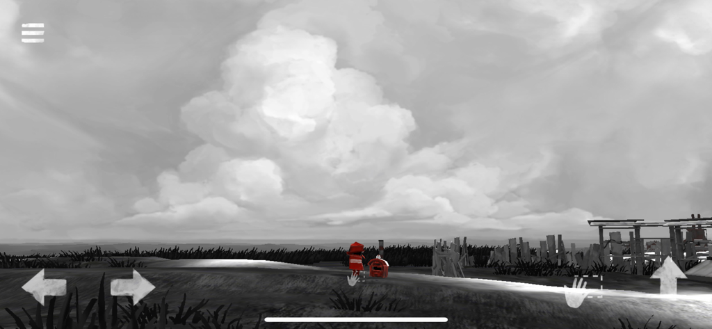 FAR: Lone Sails - Eine Figur in einem roten Umhang steht in einer trostlosen grauen Landschaft unter einem großen bewölkten Himmel