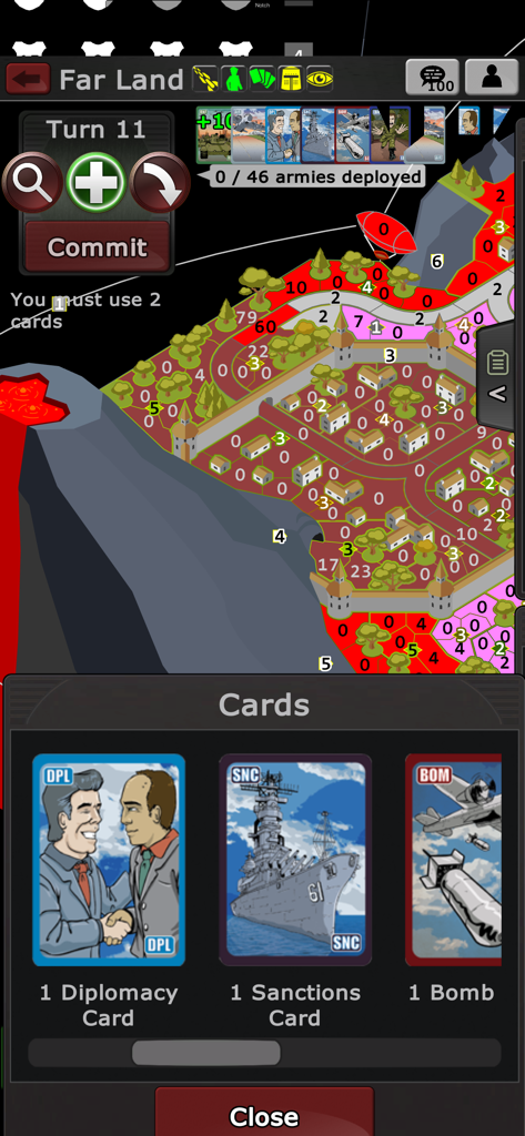 Warzone - turn based strategy - Warzone turn based strategy game screen showing the cards menu and map