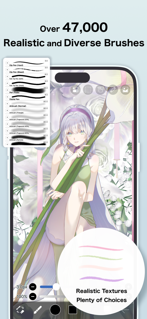 ibis Paint X - A smartphone screen displaying an anime girl illustration with the ibis Paint X brush selection menu showing various pen and airbrush options
