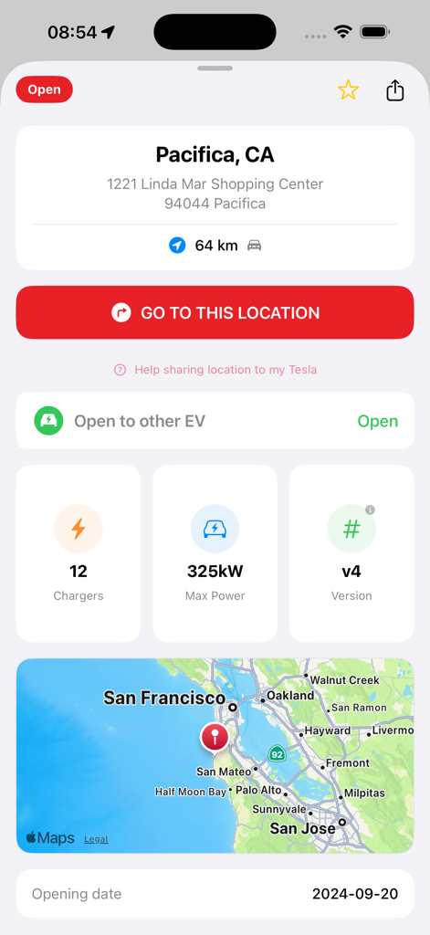 Supercharger for Tesla Station - Mobile app interface for Supercharger for Tesla Station showing details for a Pacifica California location with 12 chargers and 325kW power.