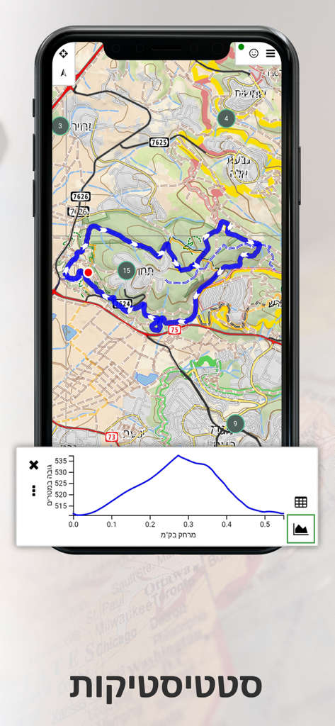 Israel Hiking Map - A mobile interface showing a topographic hiking map of Israel with a blue route and an elevation profile graph.