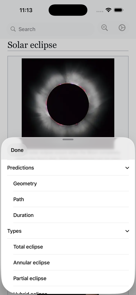 Kiwix mobile app showing an offline article about solar eclipses with a detailed table of contents