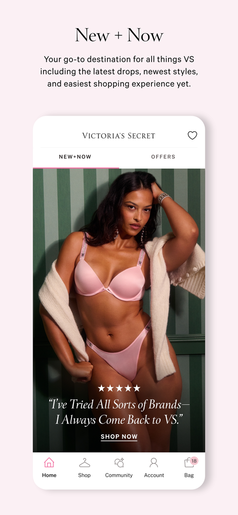 Tela inicial do aplicativo móvel Victoria's Secret mostrando a coleção de lingerie New and Now com uma modelo em um conjunto rosa.